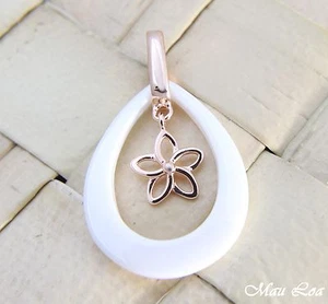 925 Silver Pink Gold Hawaiian Plumeria Flower White Ceramic Tear Drop Pendant - Picture 1 of 3
