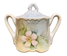 Antique Handled Sugar Dish & Lid Hand Painted Soft Pastel Blue Green Pink 