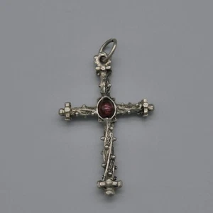 Vintage Dornenkreuz Anhänger lila oval Cabochon silberfarben DAG Spanien 2,5" - Bild 1 von 8