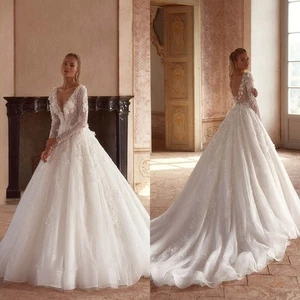 V-Neck Wedding Dress Tulle Floral Applique Brilliant Cathedral Train Long Sleeve - Picture 1 of 17