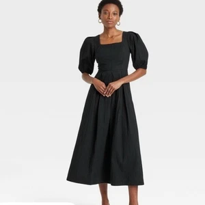 Vestido Target Negro Midi Seersucker con Mangas Abullonadas - Talla 1X - Imagen 1 de 9