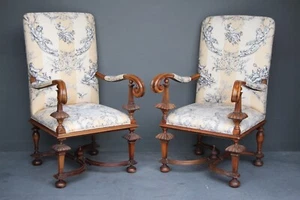 Impressive rare antique provincial carved solid walnut armchairs throne chairs - Picture 1 of 12