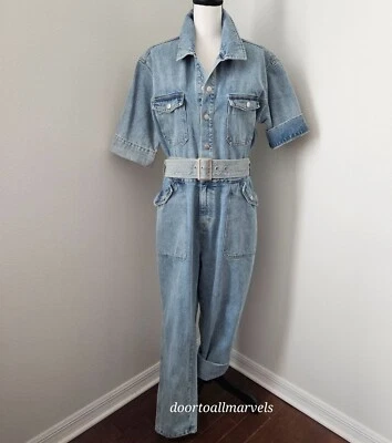 Mono vaquero Ena Pelly mono con cinturón mangas cortas pierna ancha utilitario EE. UU. talla 8 Foto 1 de 4