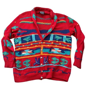Berek Marta D Cardigan Hand Knit Southwestern Red Pima Cotton Sweater Sz Large - Picture 1 of 15