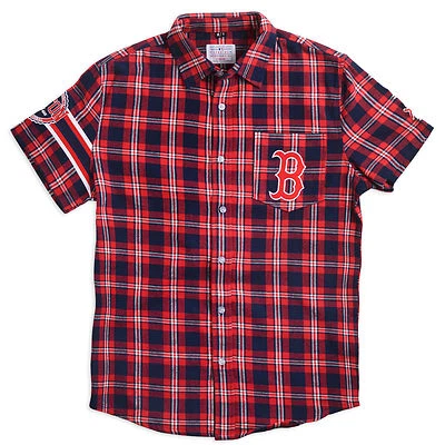 Boston Red Sox Team Logo Mens Short Sleeve Wordmark Flannel Shirt New All Sizes - Image 1 of 3