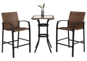 3 Pieces Outdoor Bar Stools Set with Glass Table Top Rattan Bar Chairs - Picture 1 of 4