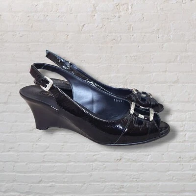 Zapatos Brighton NAPOLI negros de tacón de cuña baja con correa punta abierta talla 7,5 Italia  Foto 1 de 4