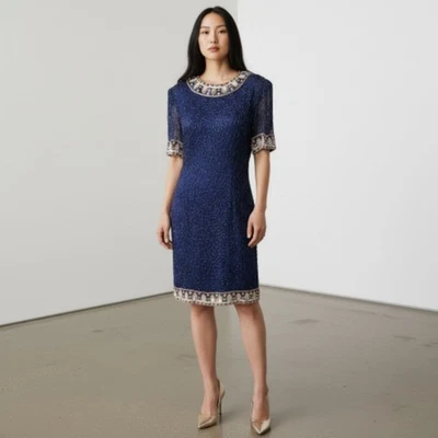 Vestido de seda vintage años 80 Laurence Kazar azul con cuentas talla grande lentejuelas transparente Art Deco Foto 1 de 4