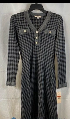 Vestido Nanette Lepore Talla XS Negro Gris Pata de Gallo Manga Larga Nuevo con Etiquetas $138 ¡Al por menor!! Foto 1 de 4