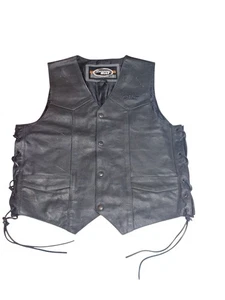 Custom BILT Black Leather Motorcycle Biker Vest Tie Down Sides Sz M - Picture 1 of 13
