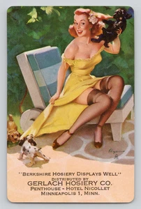 Swap Card Gerlach Hosiery Co Blonde Pinup Woman Holding Puppies Queen of Clubs - Picture 1 of 2