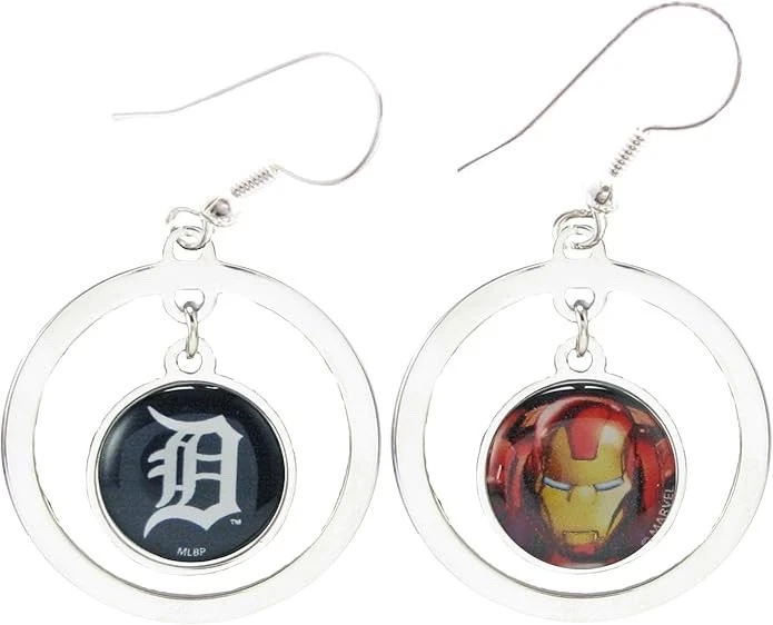 Detroit Tigers Iron Man Two Sided Silver Hoop Wire Earrings Marvel MLB Jewelry - Image 1 of 1