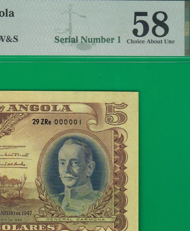 Angola 5 angolares 1947, P77, with Serial *1*, and graded Choice AU by PMG! - Image 1 of 3