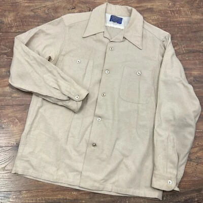 Vtg 50 60s Pendleton Virgin Wool Loop Collar Khaki Tan Button Up Board Shirt Med - Image 1 of 4