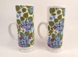 Vintage 60s 70s Floral Mug Cup Tall Retro Blue Green White 6" Set of 2 MCM - Picture 1 of 10