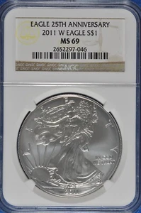 2011 W Burnished 1 OZ Silver American Eagle NGC MS 69 25th Anniversary - Picture 1 of 2