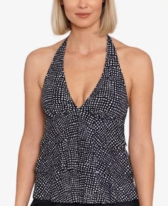 Swim Solutions BLACK/WHITE Printed Tiered Halter Tankini Swim Top, US 8 - Picture 1 of 3