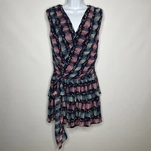 Vintage Anna Sui Blue Pink Floral Abstract Geo Silk Drop Waist Mini Dress Size 6 - Picture 1 of 8