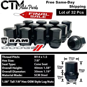32x Black Dodge Ram2500 Ram3500 OEM Factory Lug Nuts M14x1.5 Fit Stock Wheels - Picture 1 of 4