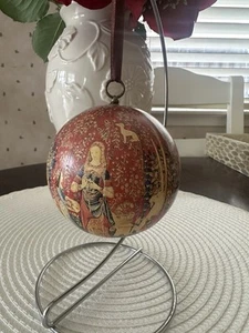 Christmas Ornament Round Paper Mache Romance Middle Ages Scene 3.5” Vintage - Picture 1 of 10