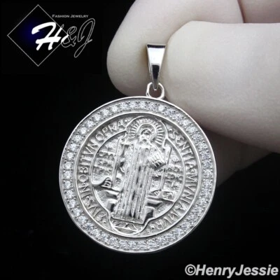 MEN SOLID 925 STERLING SILVER ICY BLING CZ SAINT ST BENEDICT ROUND PENDANT*SP454 - Image 1 of 4