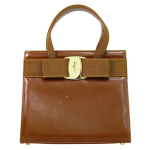 Salvatore Ferragamo Vara Bow Leather Handbag Brown Gold - Picture 1 of 15