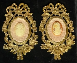 Pair of Vintage Florenza Style Hand Carved Shell Profiles Brooch Style Wall Art - Picture 1 of 5