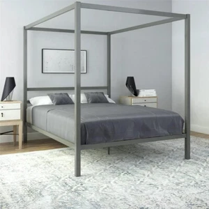Queen Size Gray Grey Metal Canopy Bed Frame Headboard Modern Bedroom Furniture - Picture 1 of 12