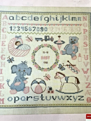 BABY Birth Sampler Cross Stitch Pattern Danish Art Baby Elephant Bear ABC Vtg - Image 1 of 3