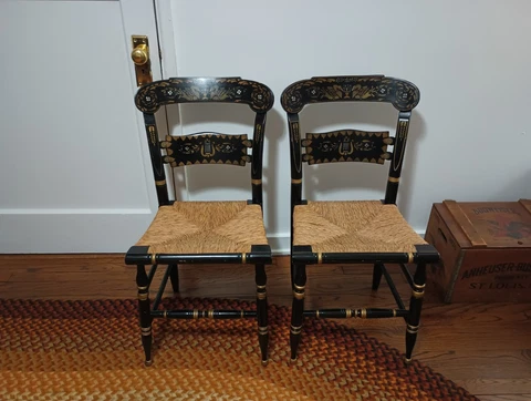 Vintage Pair of Ethan Allen Buttonback Hitchcock chair Folk Stencil Black Gold Cover