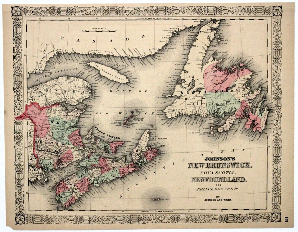 NUEVO BRUNSWICK, NOVA SCOTIA, TERRANOVA, PRÍNCIPE EDUARDO, CANADÁ Mapa antiguo 1864 Foto 1 de 1