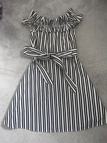 Splendido abito Kate Spade New York blu rosa a righe spalle scoperte taglia UK 6 PREZZO AL PUBBLICO £ 275