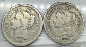 1865 and 1881 Three Cent Nickel Pieces 2 coins - Picture 1 of 6