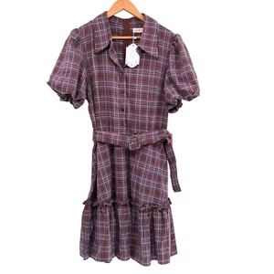 Ivy City Dress Virginia Plaid Women 16 Maroon Purple Puff Sleeve Belt Ruffle New - Picture 1 of 15