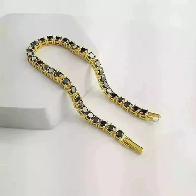 Brazalete de tenis de ónix negro creado en laboratorio de corte redondo de 7 quilates para hombre acabado en oro amarillo de 14 quilates Foto 1 de 4