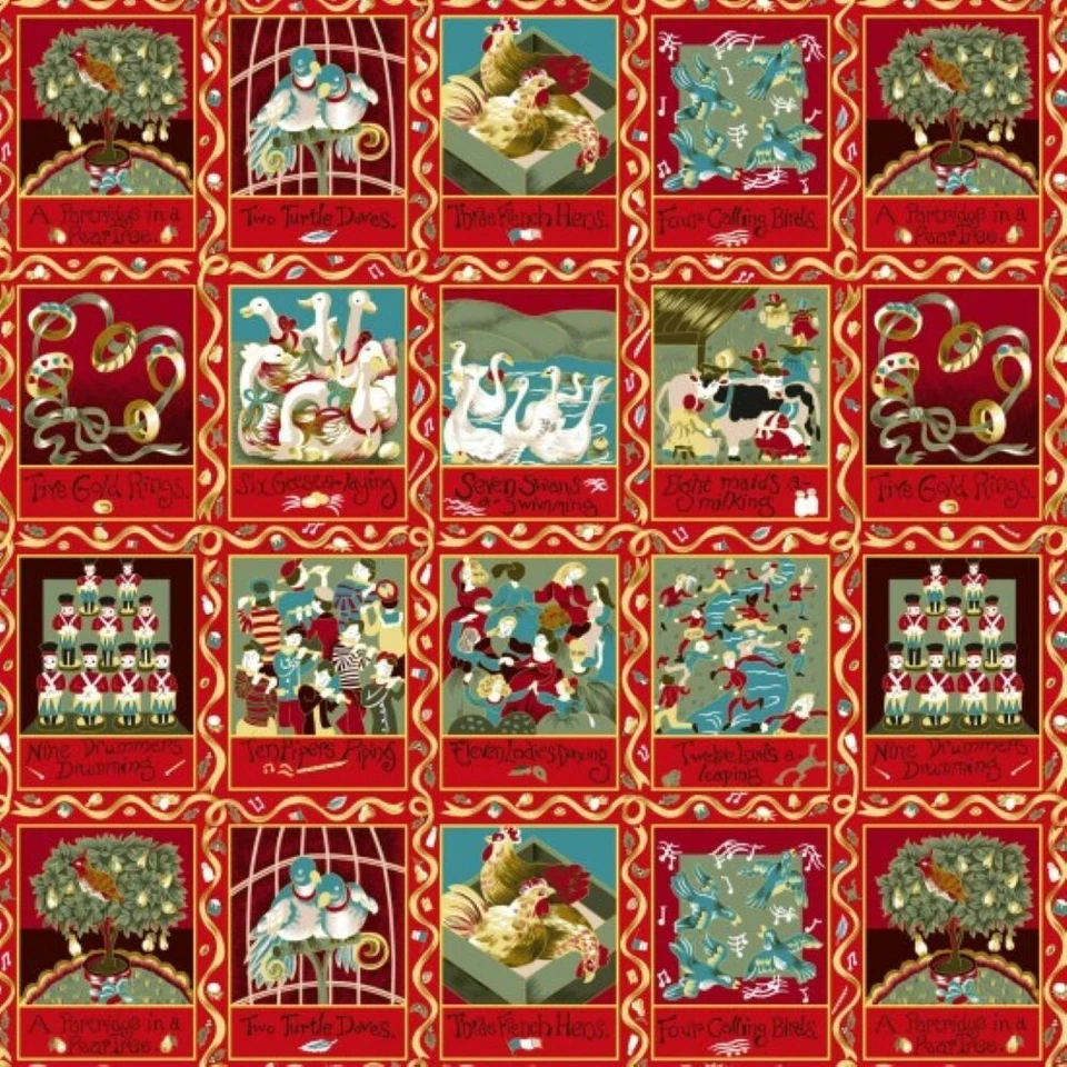 NUTEX 12 Days Christmas Fabric Cotton Fabric 30cm x 110cm Panel 87800-102 Red