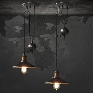 Vintage Edison Industrial Pulley Pendant Light Adjustable Wire Retractable Lamp - Picture 1 of 5