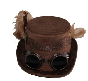 Deluxe Velvet 4.25" High Steampunk Full Size Top Hat Removable Goggle & Feathers - Picture 1 of 22