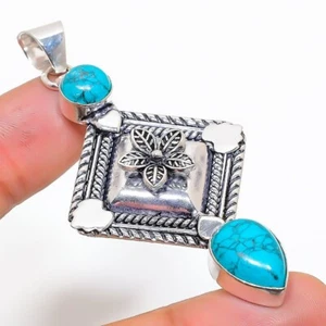 Turquoise Gemstone Handmade 925 Sterling Silver Jewelry Pendant Size 2.75" - Picture 1 of 1