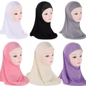 Muslim Kids Girls Rhinestone Headscarf Wrap Shawl Amira One Piece Scarf Hat 3-7Y - Picture 1 of 22