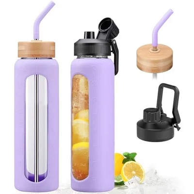 32oz Glass Water Bottle with Straw and 2 Lids- Bamboo and 32 Ounces Purple - Image 1 of 4