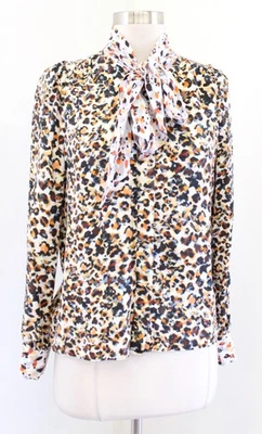 Blusa Top Marie Oliver Seda Estampado Leopardo Botón Frontal Cuello Corbata Arco Coño Talla XXS Foto 1 de 4