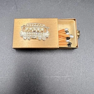 Vintage Trolley Cable Car Rhinestone Matchbook Match Holder Gold Tone Metal - Picture 1 of 11