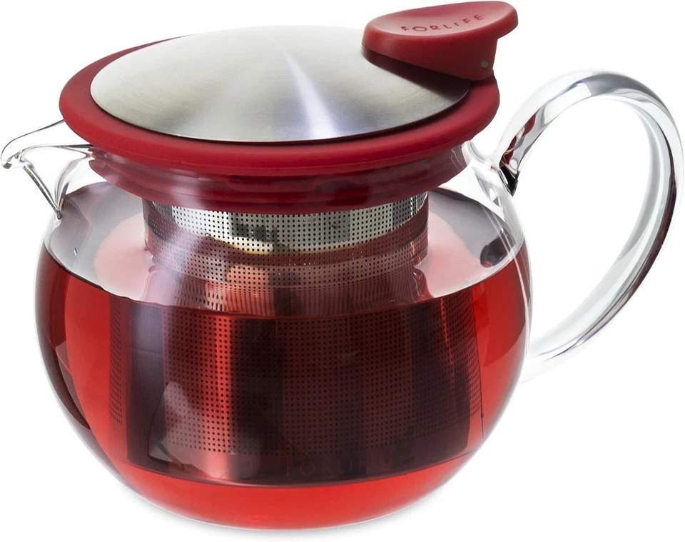 Tetera de vidrio FORLIFE Bola con infusor de cesta, 15 onzas/444 ml, roja Foto 1 de 1