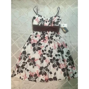 Neu Ruby Rox Kleid Spaghettiträger rosa & braun Blumen Empire-Taille hinten zum Binden Schleife - Bild 1 von 16