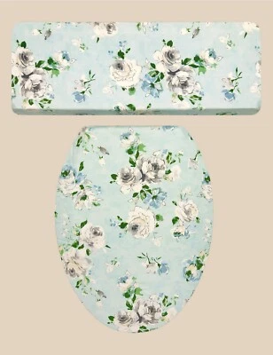 Juego de tapa de asiento de inodoro y tapa de tanque decoración de baño floral rosas gris aguamarina Foto 1 de 2
