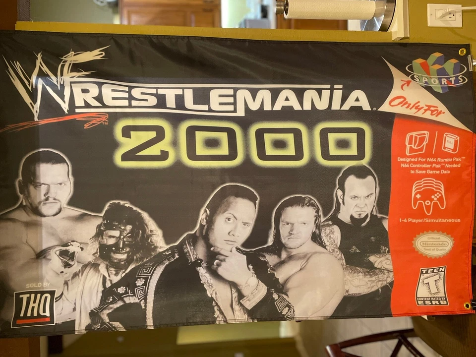 WWF Wrestlemania 2000 Nintendo N64 5ft Flag Banner Poster 1999 64 THQ WWE Rock - Image 1 of 3