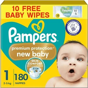 Pampers Premium Protection New Baby Size 1, 180 Nappies, 2kg-5kg, Monthly Pack + - Picture 1 of 10