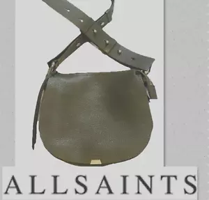 All Saints Pebbled Leather Round Captain Leather Crossbody Flap Bag Olive Green - Picture 1 of 22