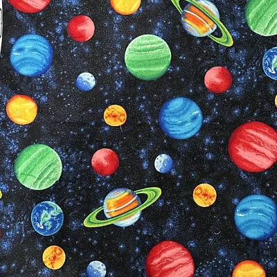 Space Planet Fabric Galaxy Star Moon Sun Space Ship Cotton Quilt 2-1/8 yds - Image 1 of 4